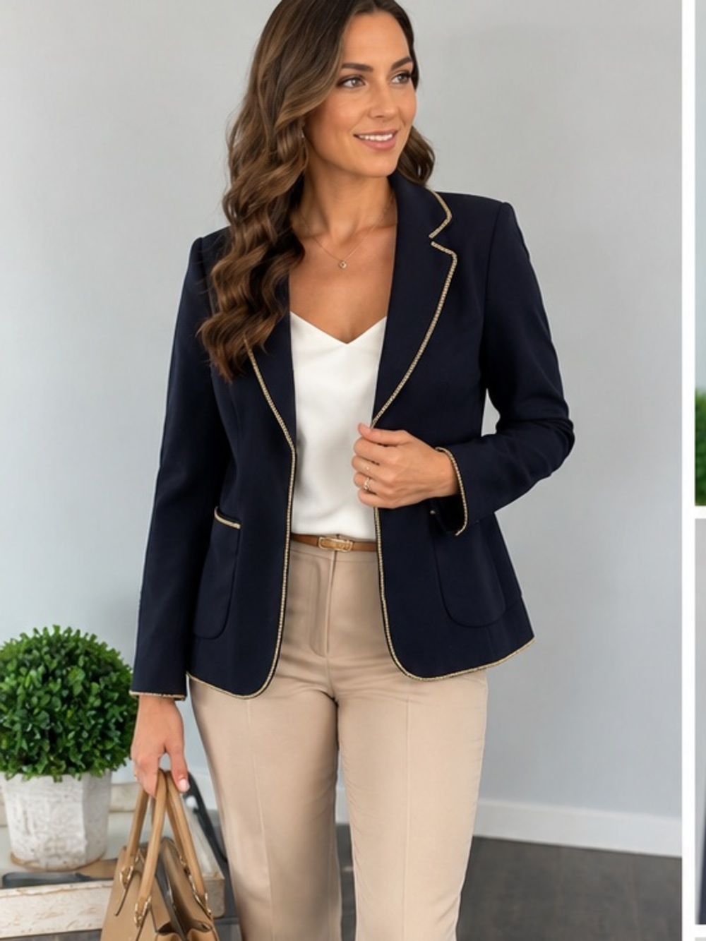 Navy Blue Blazer with Gold Chain Trim Detail Women’s 8